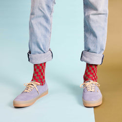 Men's Organic Cotton Ankle Socks - Grey & Red Check Pattern