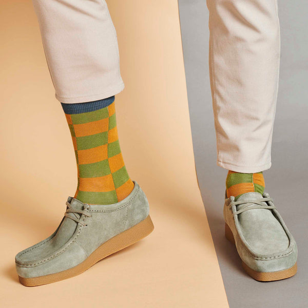 Men's Khaki & Ginger Battenburg Check Organic Cotton Ankle Socks