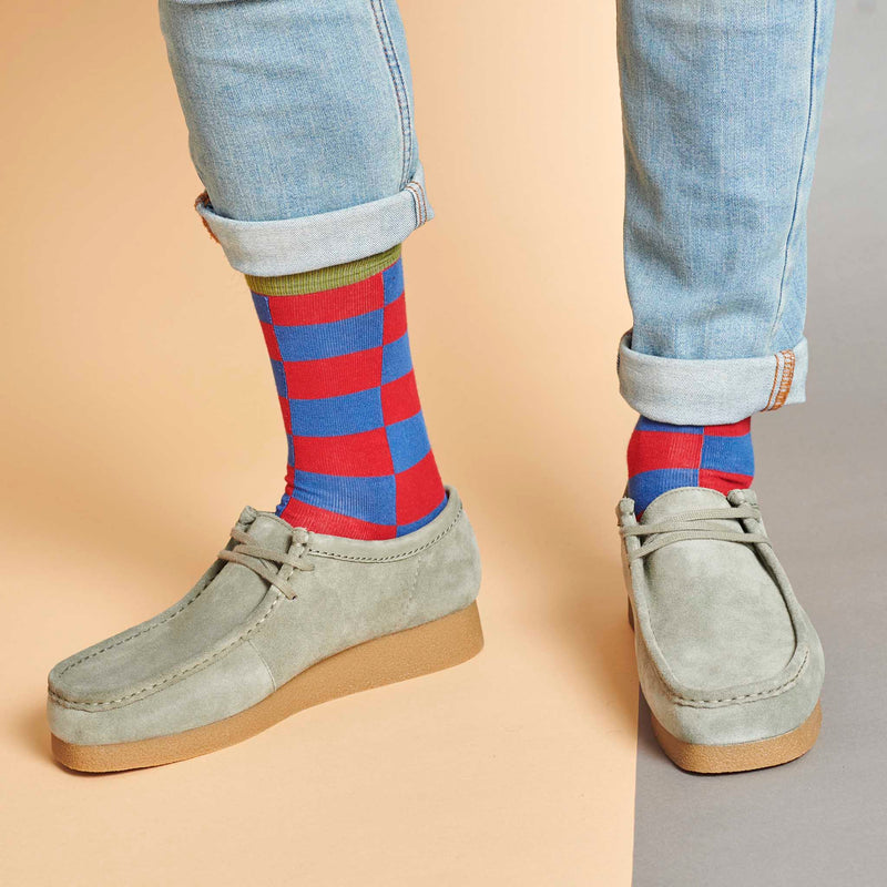 Men's Red & Navy Battenburg Check Organic Cotton Ankle Socks