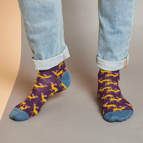 Men's Aubergine Stag Organic Cotton Ankle Socks