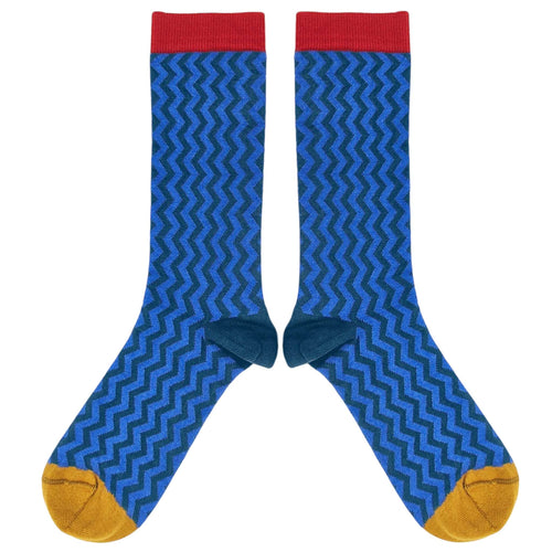 Men's Organic Cotton Ankle Socks -  Blue Zig-Zag Pattern