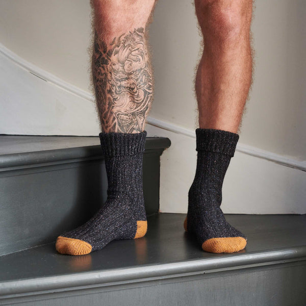 Unisex Navy & Mustard  Recycled Silk Blend Chunky Socks
