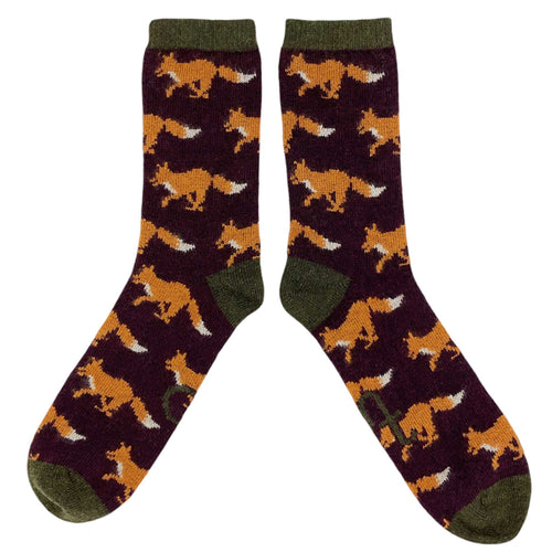Men's Soft Lambswool Ankle Socks - Aniseed Foxes