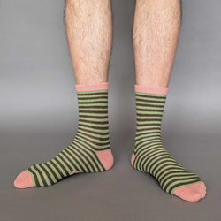 Men's Soft Lambswool Ankle Socks - Mint Green Stripe