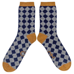 Men's Soft Lambswool Ankle Socks - Navy & Grey Diamonds