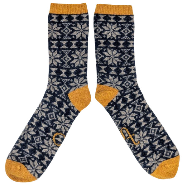 Men's Navy & Soft Brown Fair Isle Lambswool Ankle Socks