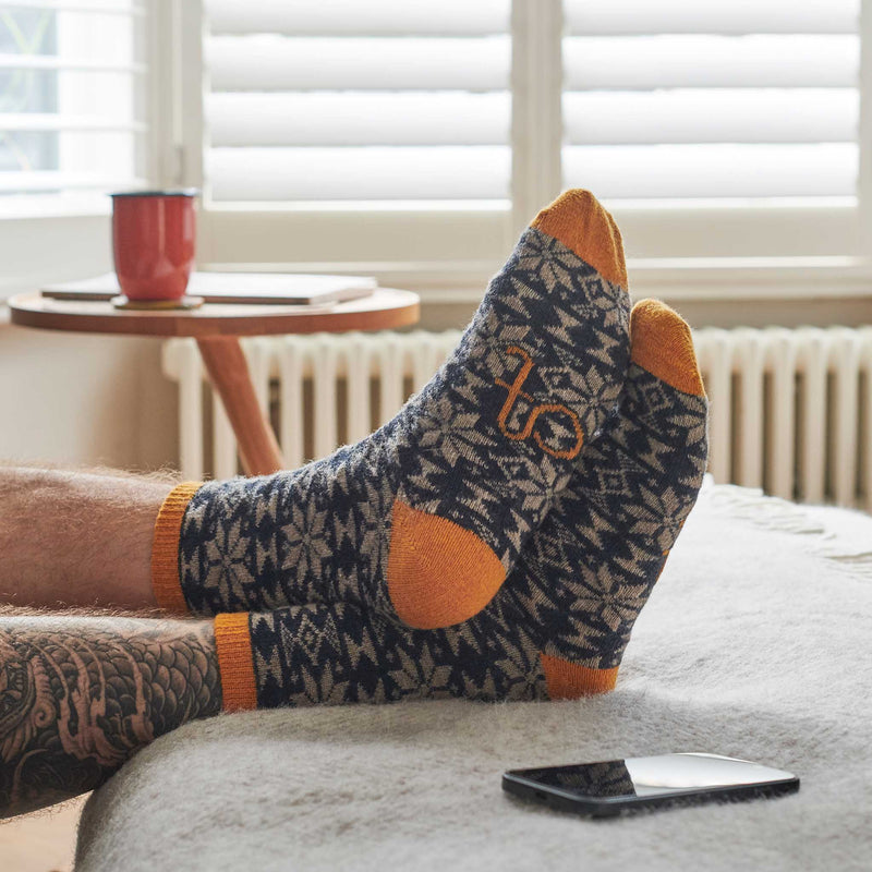 Men's Navy & Soft Brown Fair Isle Lambswool Ankle Socks