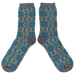 Men's Soft Lambswool Ankle Socks - Green & Teal Fair Isle Pattern