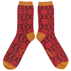 Men's Soft Lambswool Ankle Socks - Red Fair Isle Pattern