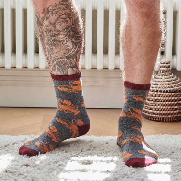 Men's Grey & Peach Lobster Lambswool Ankle Socks