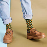 Men's Soft Lambswool Ankle Socks - Green & Mustard Check Pattern
