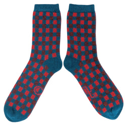 Men's Lambswool Ankle Socks - Red & Teal Check Pattern