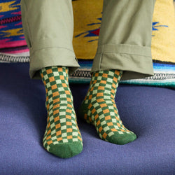 Men's Soft Lambswool Ankle Socks - green & mustard check pattern