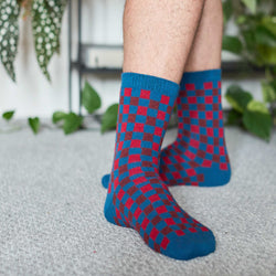 Men's Soft Lambswool Ankle Socks - Red & Teal Check Pattern