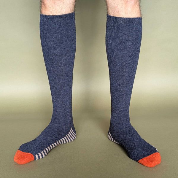 Men's Navy Striped Sole Lambswool Knee Socks