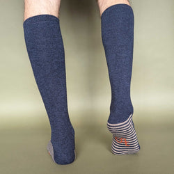 Men's Navy Striped Sole Lambswool Knee Socks