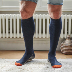 Men's Navy Striped Sole Lambswool Knee Socks
