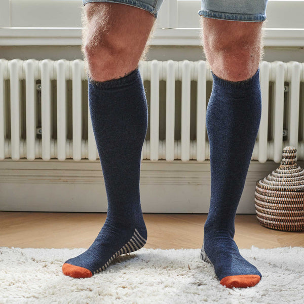 Men's Navy Striped Sole Lambswool Knee Socks