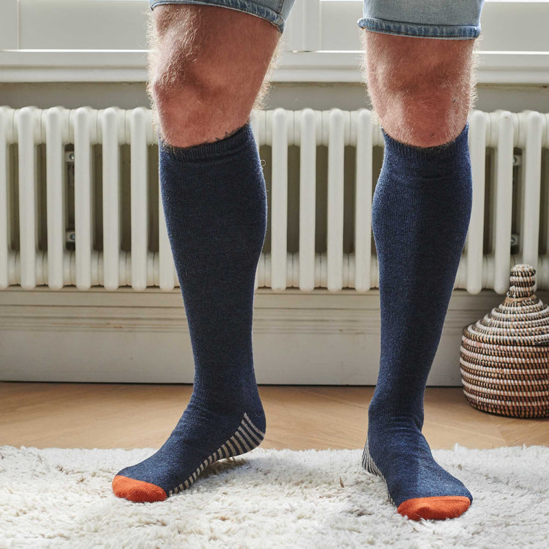 Men's Navy Striped Sole Lambswool Knee Socks