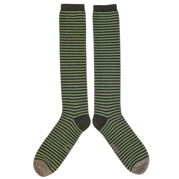Pair of green and gray striped knee-high socks on a white background