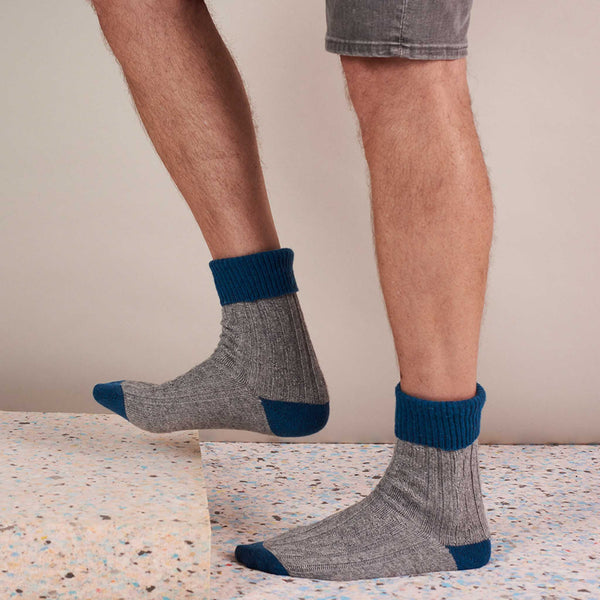 mens cashmere blend socks in grey and teal blue 
