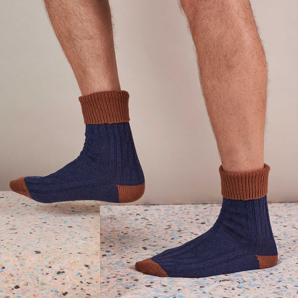 mens navy and copper cashmere blend slouch socks  with a cable knit pattern