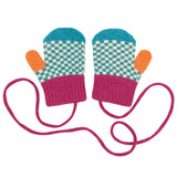 Kids' Lambswool Mittens on a String - Green & Peach Check