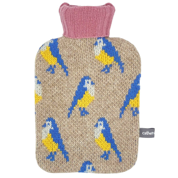 mini  size hot water bottle with a 100% lambswool cover featuring blue tits