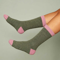 Women's Khaki & Dusky Pink Lambswool Ankle Socks