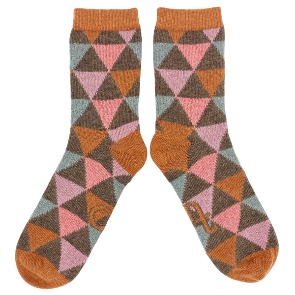 lambswool ankle socks with a triangle pattern orange brown pink and jade