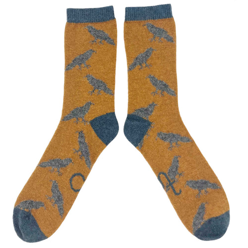 Men's Soft Lambswool Ankle Socks - Mustard Crows