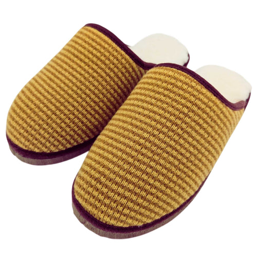 Pure Sheepskin Mule Slippers - Knitted Lambswool Yellow & Mustard Stripe