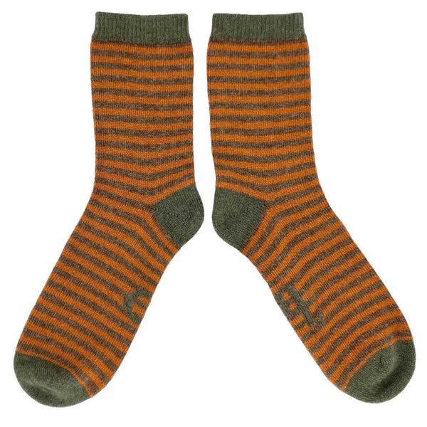 Ladies Mustard & Soft Brown Stripe Lambswool Ankle Socks