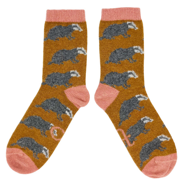 Ladies Mustard Badger Lambswool Ankle Socks
