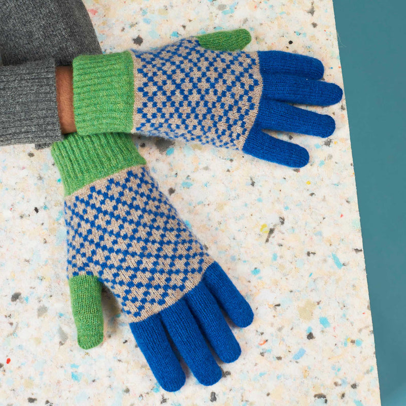 Men's Cross Pattern Marine Blue & Green Lambswool Gloves