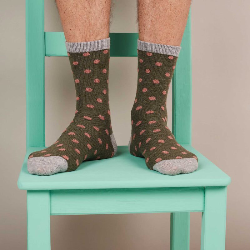 Men's Green & Pink Spot Lambswool Ankle Socks