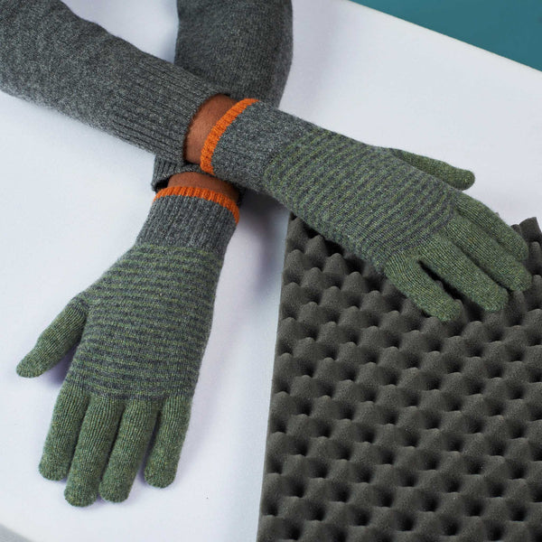 Men's Grey & Green Stripy Gloves Lambswool Gloves