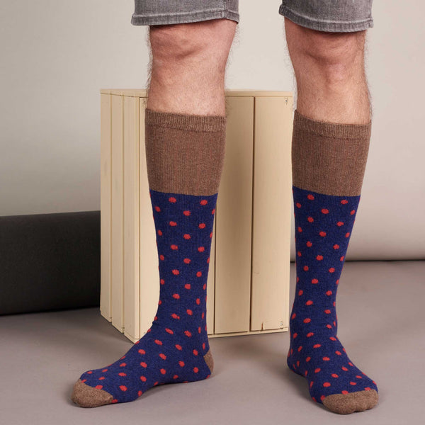 Men's Navy & Red Spot Lambswool Knee Socks