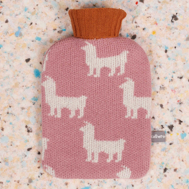 Mini Lambswool Hot Water Bottle Set - Dusky Pink Llamas