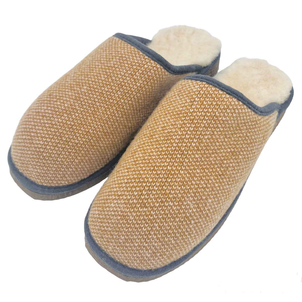 mustard check knitted lamsbwool slippers lined with sheepskin 