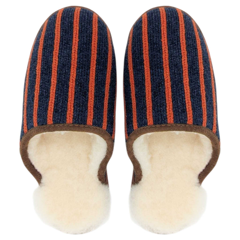 Navy & Orange Stripe Lambswool & Sheepskin Slippers