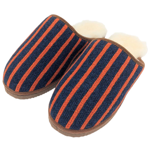 Pure Sheepskin Mule Slippers - Knitted Lambswool Navy & Orange Pinstripe