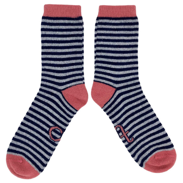 Ladies Grey & Navy Stripe Lambswool Ankle Socks