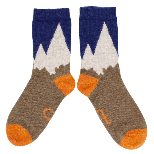 Women's Soft Lambswool Ankle Socks - Navy & Orange Mountains