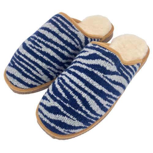 Pure Sheepskin Mule Slippers - Knitted Lambswool  Navy Zebra Skin Pattern