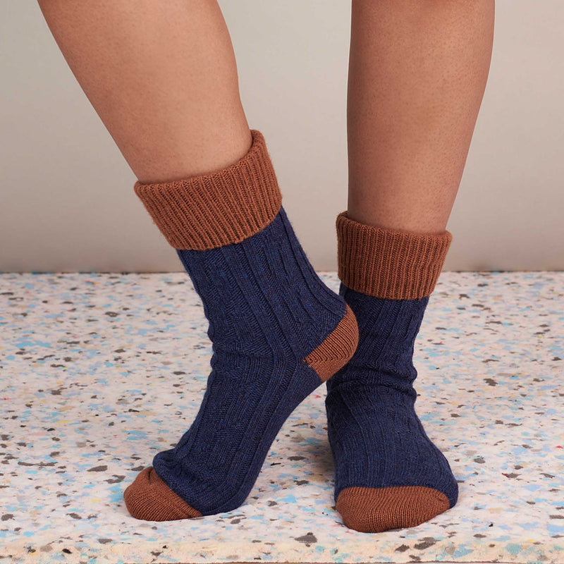 Navy & Copper Cashmere Blend  Slouch Socks in a textured cable knit pattern