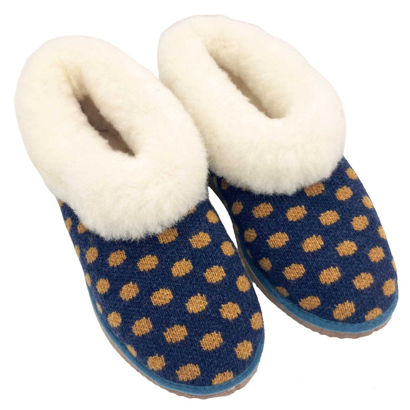 cosy sheepskin lined slipper boots with a spotty navy  lambswool upper