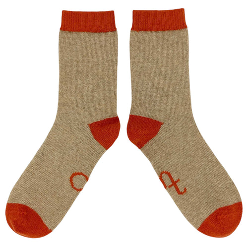 Women's Soft Lambswool Ankle Socks - Plain Oatmeal & Orange