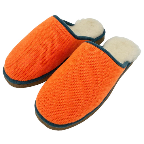 Pure Sheepskin Mule Slippers - Knitted Lambswool Neon Orange