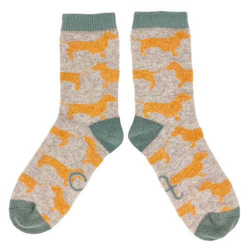 Women's Soft Lambswool Ankle Socks - Oatmeal & Orange Sausage Dogs